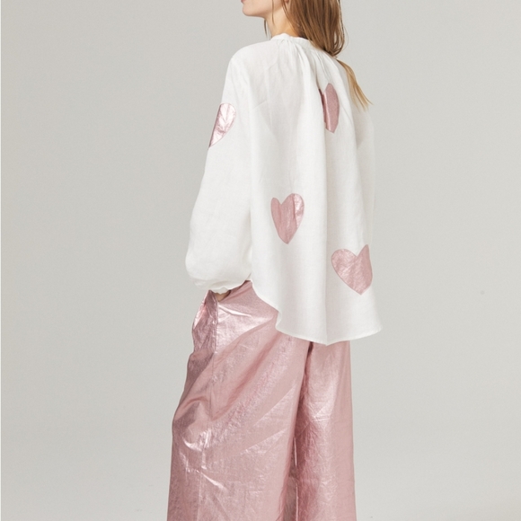 Cupid Linen Shirt - Off-White with Metallic Pink Hearts - Picture 1 of 4